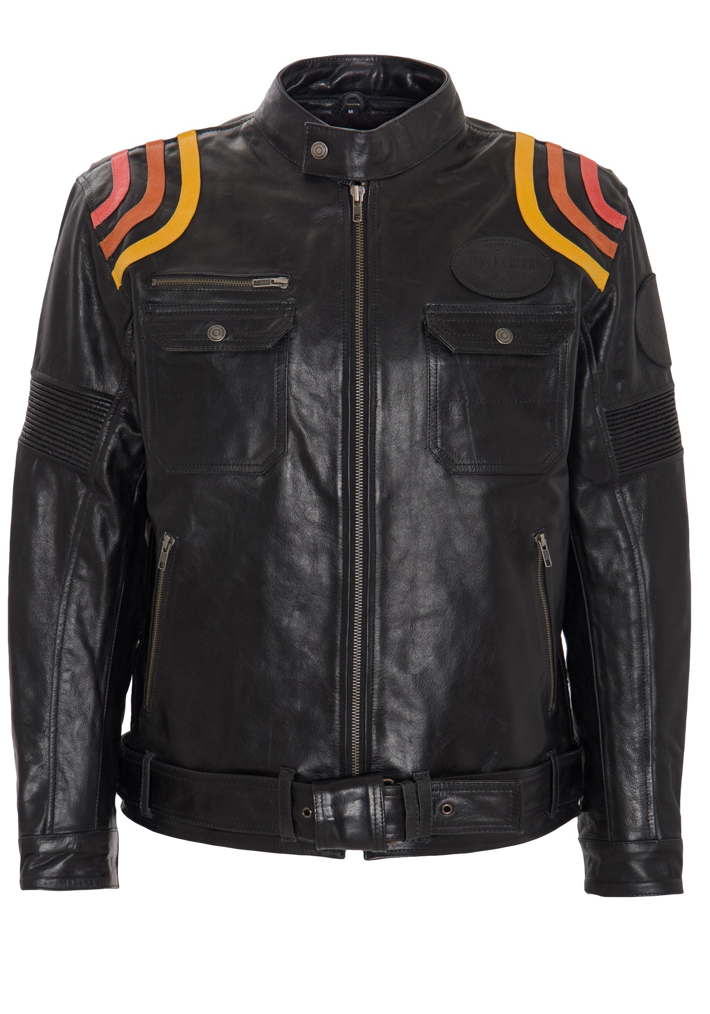 KING KEROSIN LEATHER JACKET WITH »CAFE RACER« PRINT AND RACER STRIPES 