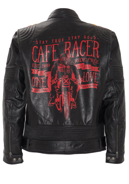 KING KEROSIN LEATHER JACKET WITH »CAFE RACER« PRINT AND RACER STRIPES 